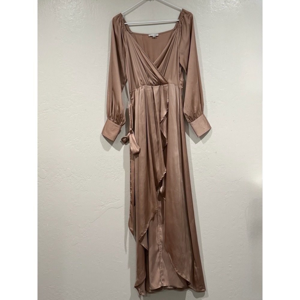 Baltic Born Katya High-Low Wrap Dress Champagne Taupe Satin DD2222 Small - Picture 2 of 11